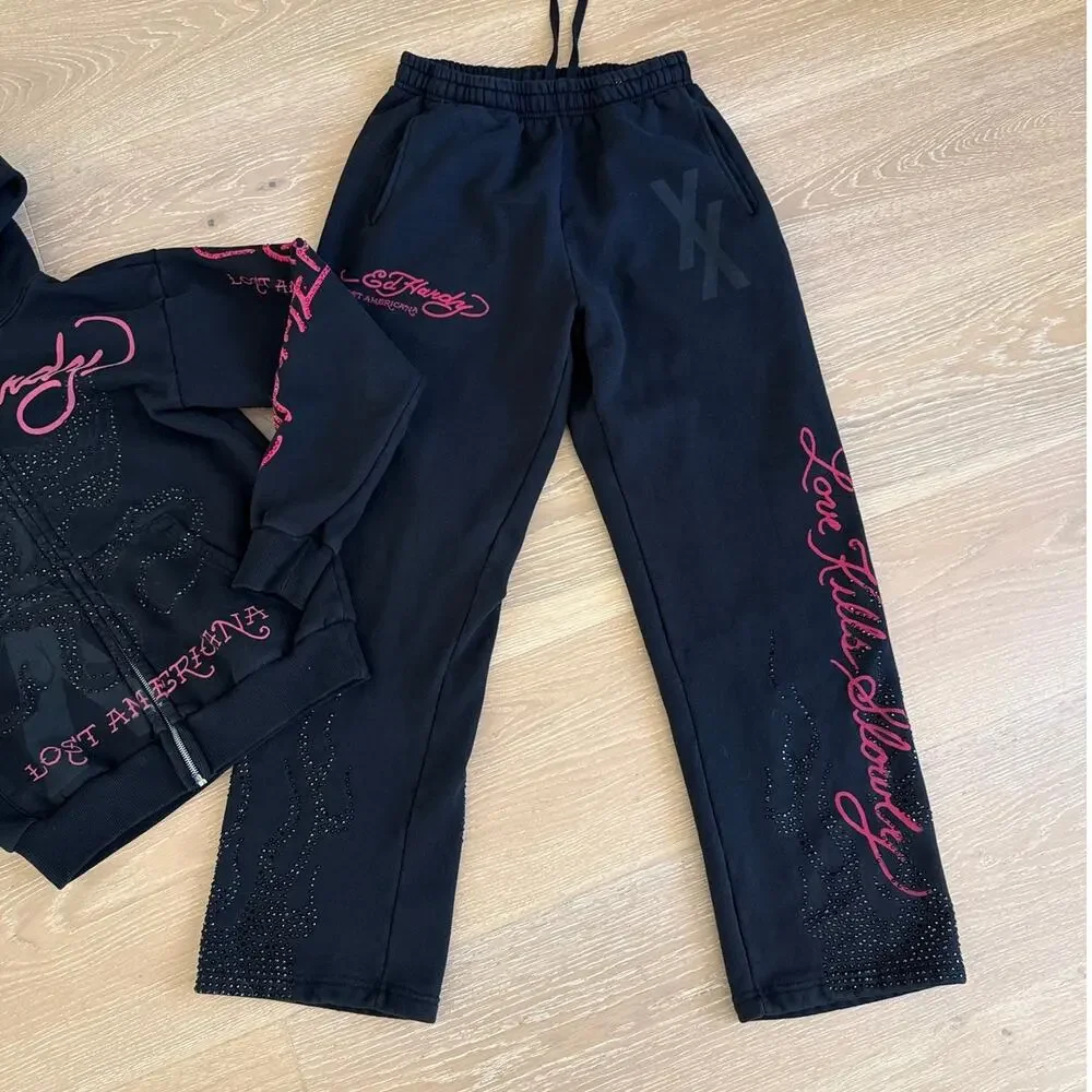 Ed Hardy x MGK Flames Rhinestone Hoodie and Sweatpants Size S in Black